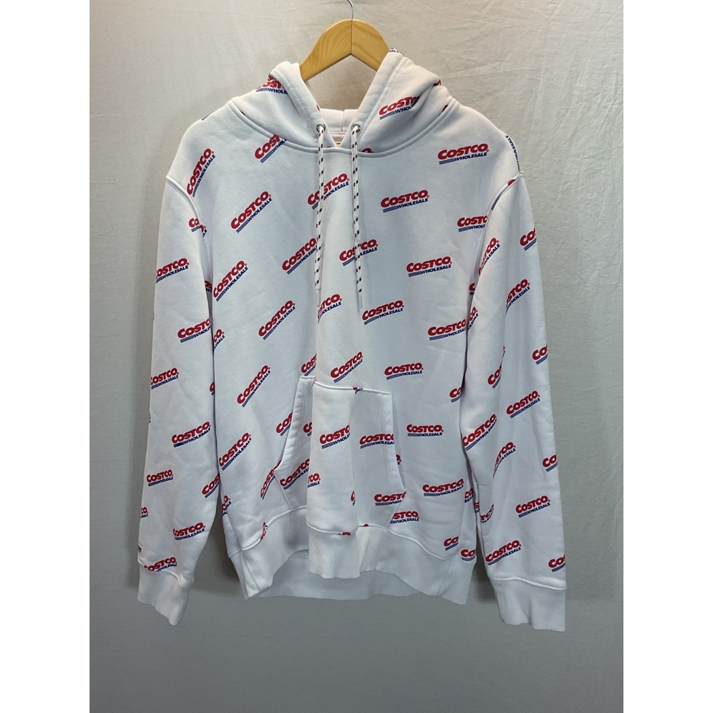 COSTCO Hoodie Mens S Womens M White All Over‎ Print Logo Spell Out Kirkland